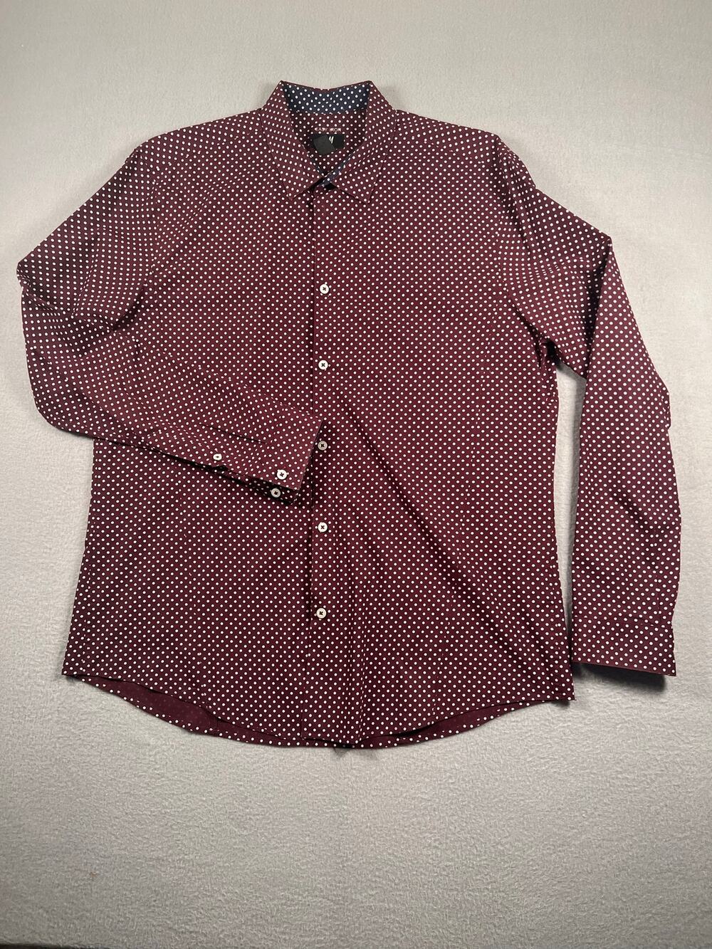 H&M Slim Fit Burgundy Polka Dot Easy Iron Dress Shirt XL